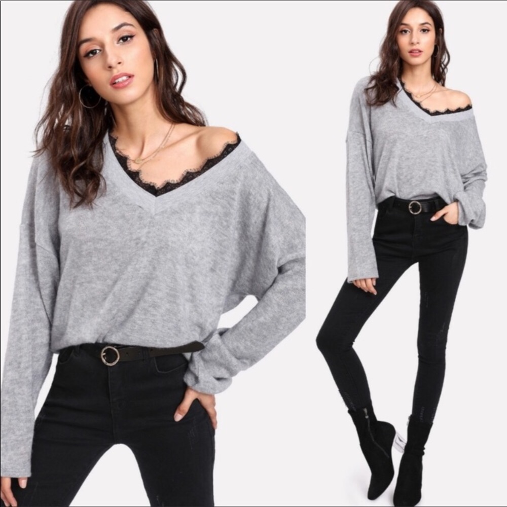 Gray Top With Black Lace Trim